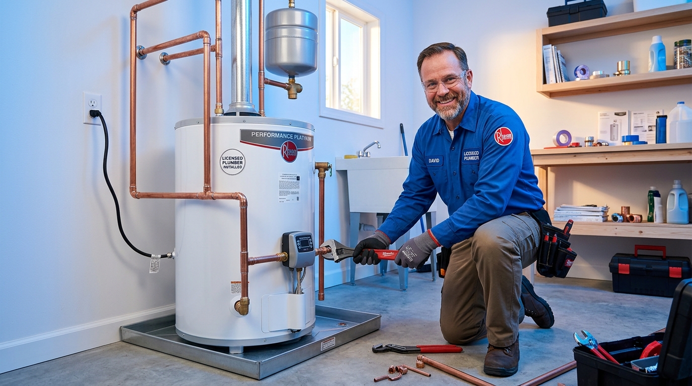 Licensed Master Plumber Installing Rheem Water Heater